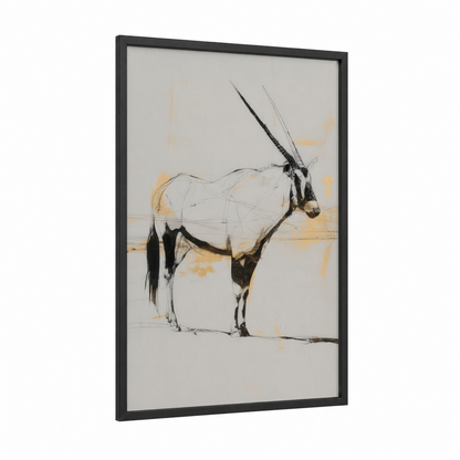 Oryx Stance framed antelope print — black wood frame — black and gold palette