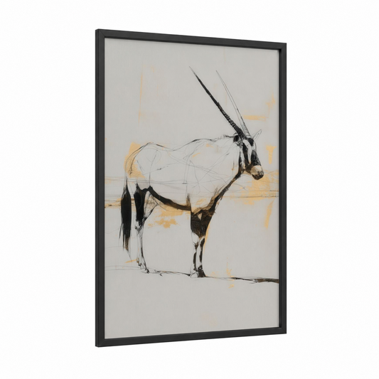 Oryx Stance framed antelope print — black wood frame — black and gold palette