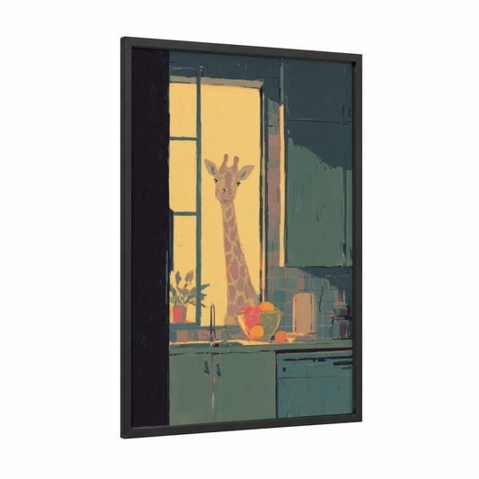 Giraffe Window View framed art print — black wood frame — gold and teal palette