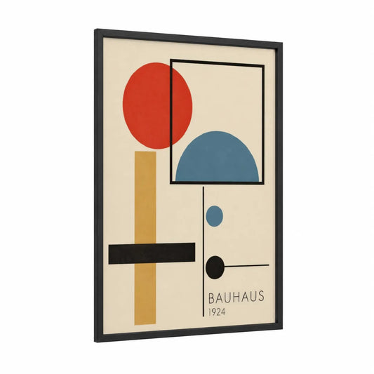 Bauhaus Geometric Abstract Wall Art framed abstract geometric print — black wood frame — red and blue palette