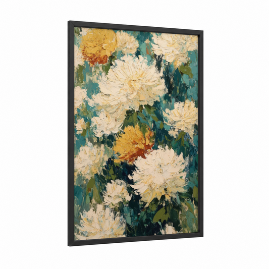Cream Chrysanthemums framed art print — black wood frame — cream and teal palette