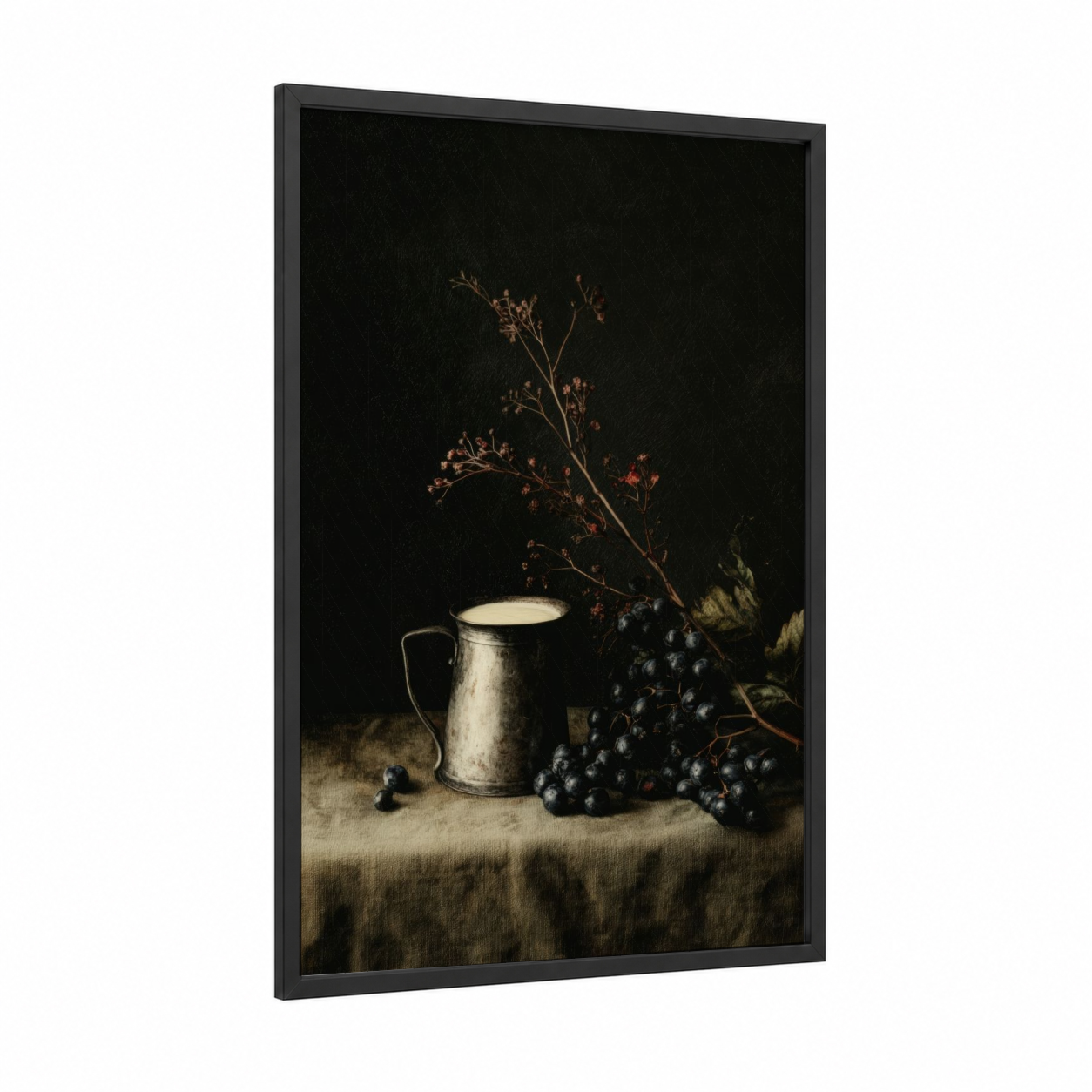 Vintage Milk Still Life framed art print — black wood frame — black and beige palette