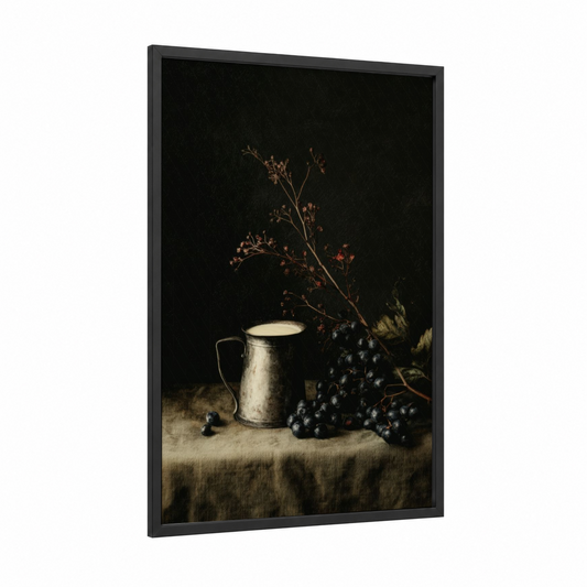 Vintage Milk Still Life framed art print — black wood frame — black and beige palette