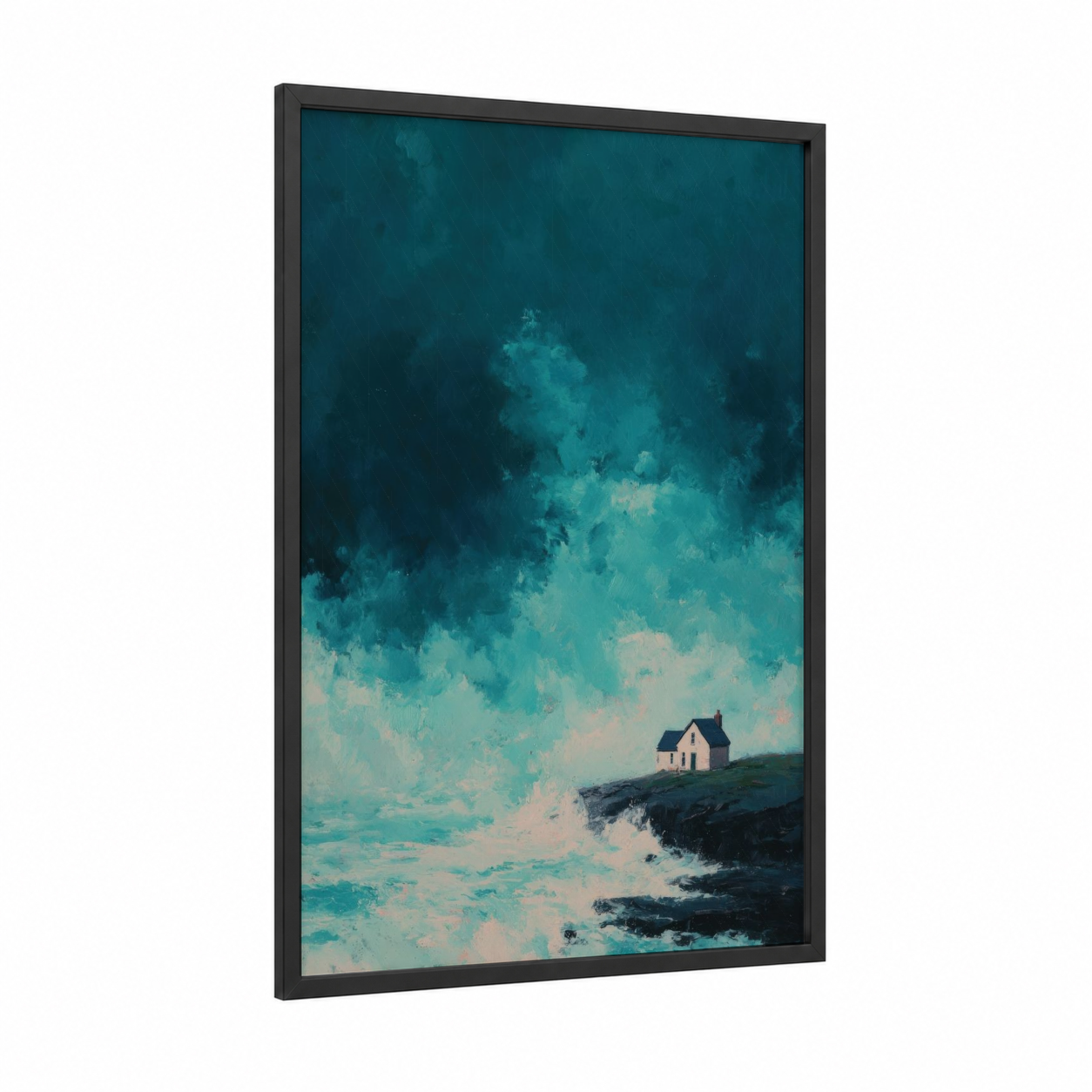 Coastal Cottage Dream framed house print — black wood frame — teal and white palette