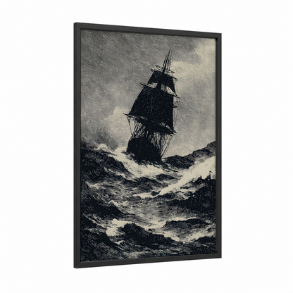Tempest Sailing Ship framed old ships print — black wood frame — black and white palette