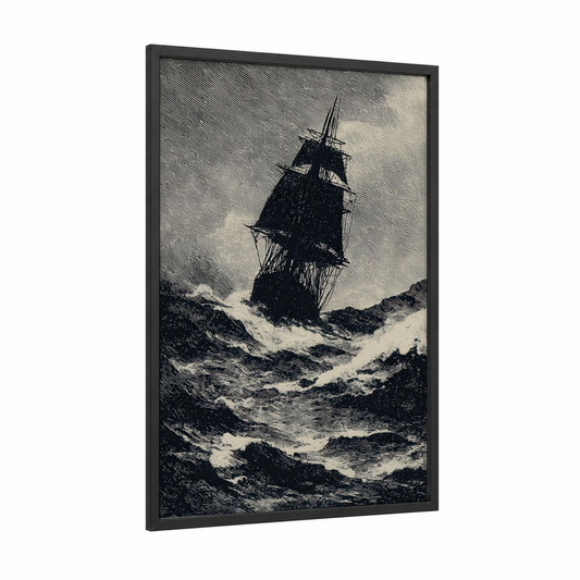 Tempest Sailing Ship framed old ships print — black wood frame — black and white palette