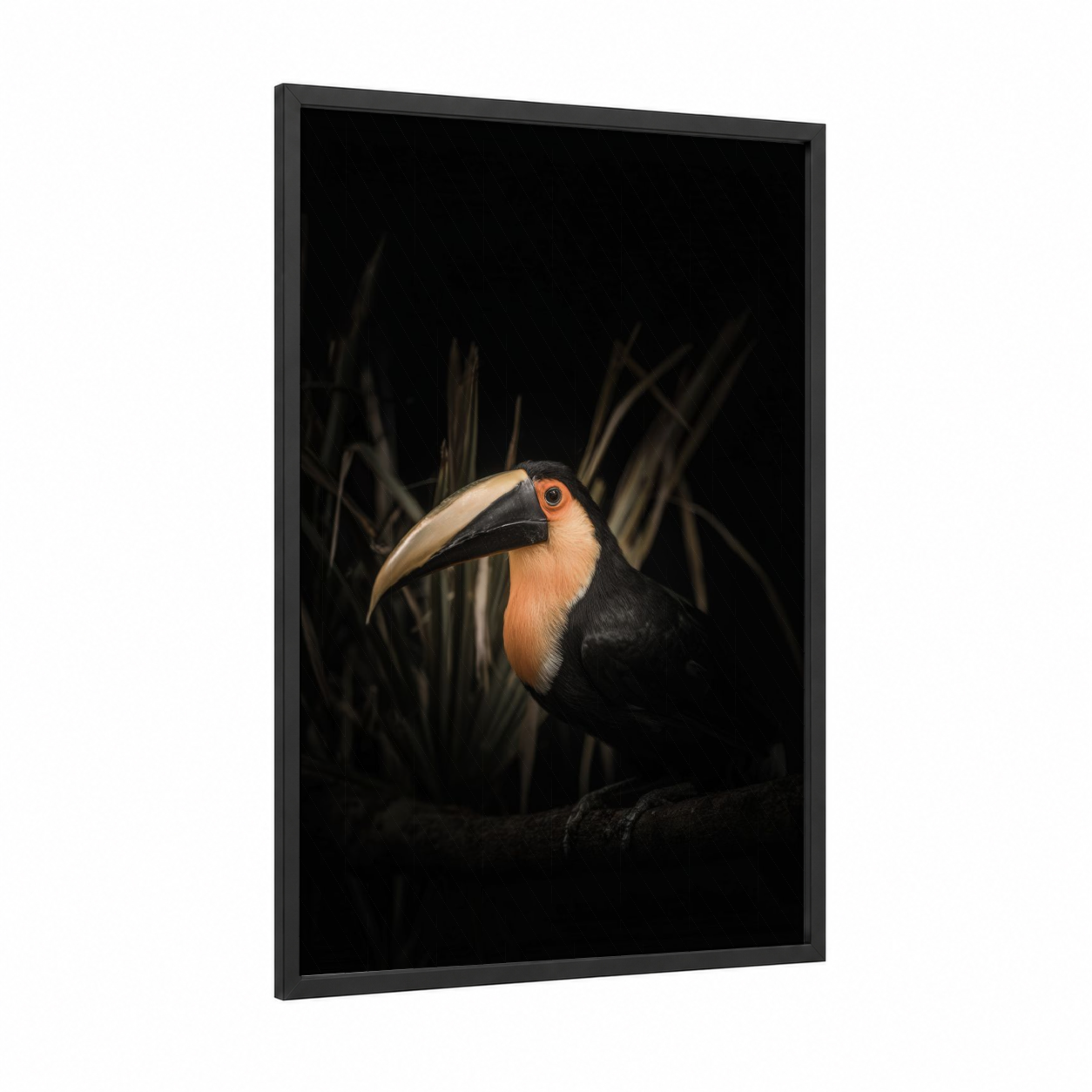 Tropical Toucan Portrait framed art print — black wood frame — black and peach palette
