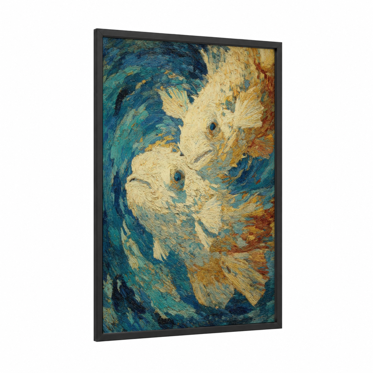 Swirling Puffer Fish framed art print — black wood frame — blue and gold palette
