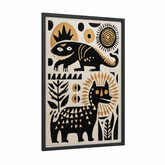 Mystical Creatures framed abstract traditional print — black wood frame — black and gold and cream palette