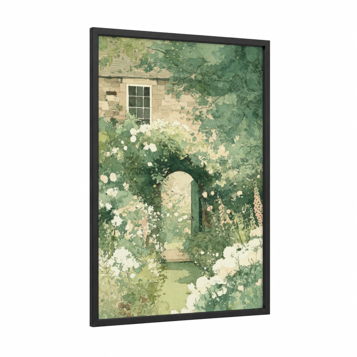 Ivy Archway framed art print — black wood frame — light green and cream palette
