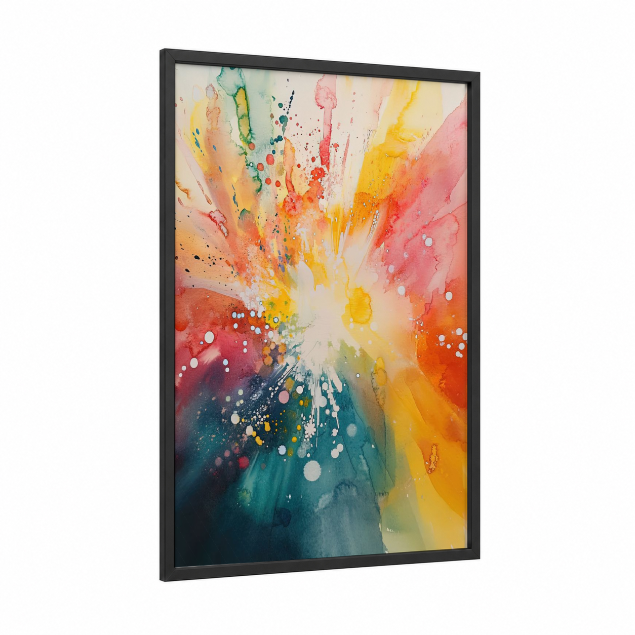 Radiant Explosion framed abstract expressionism print — black wood frame — pink and yellow palette