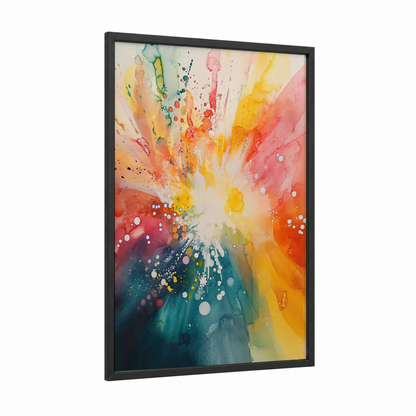 Radiant Explosion framed abstract expressionism print — black wood frame — pink and yellow palette