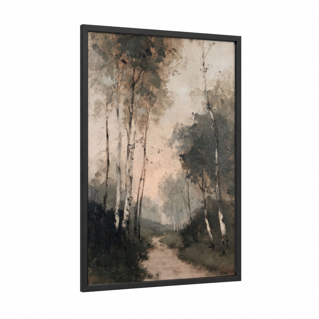 Misty Eucalyptus Path framed eucalyptus forest print — black wood frame — beige and dove gray palette