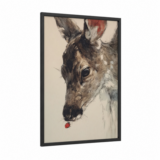 Curious Reindeer framed art print — black wood frame — brown and cream palette