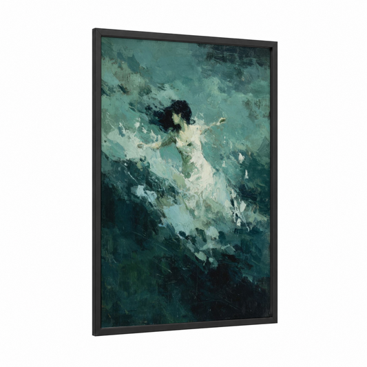 Ethereal Mermaid framed art print — black wood frame — teal and white palette