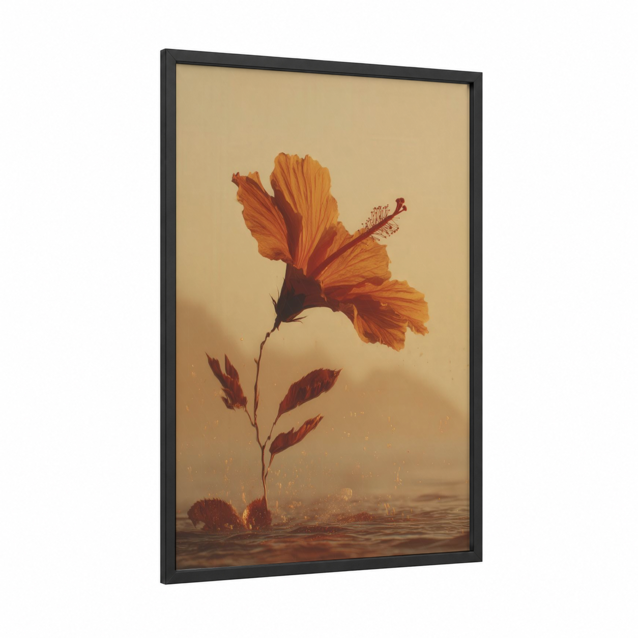 Golden Hibiscus framed art print — black wood frame — gold and orange palette
