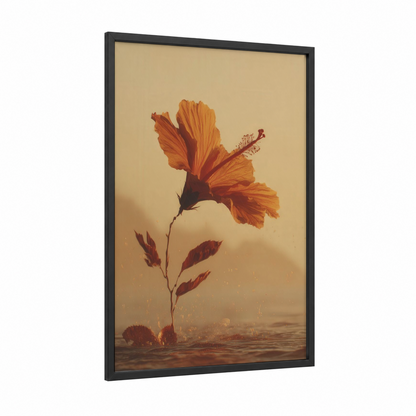 Golden Hibiscus framed art print — black wood frame — gold and orange palette