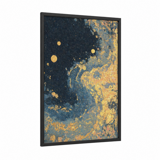 Golden Galaxy framed art print — black wood frame — gold and dark blue palette