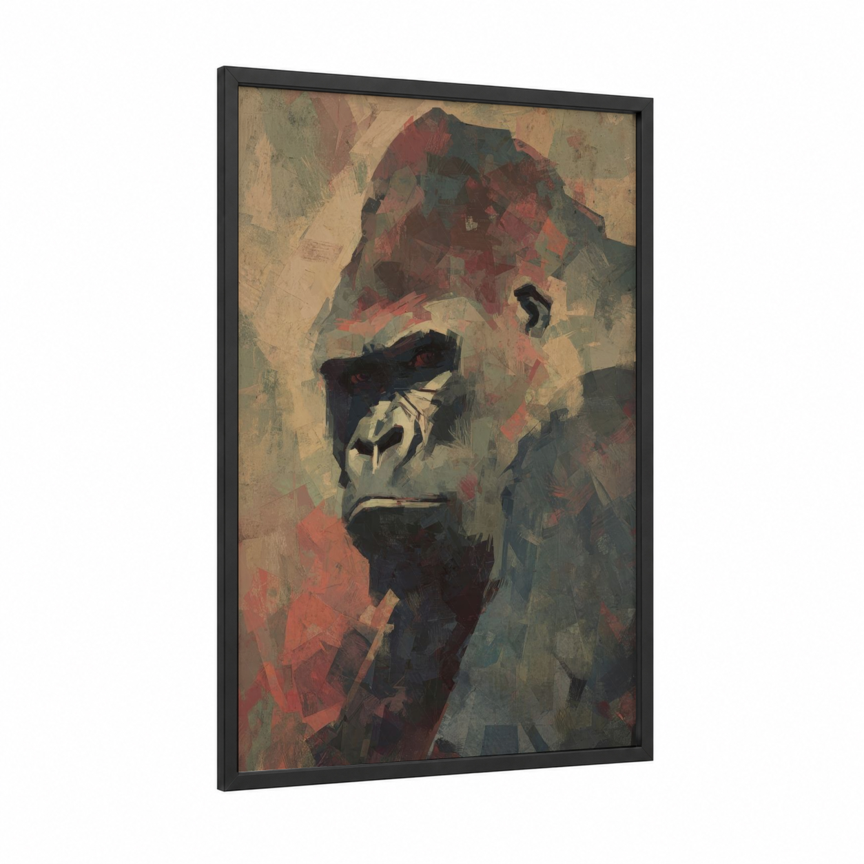 Contemplative Gorilla framed art print — black wood frame — russet and olive palette