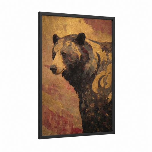 Golden Grizzly framed grizzly bear print — black wood frame — gold and russet palette