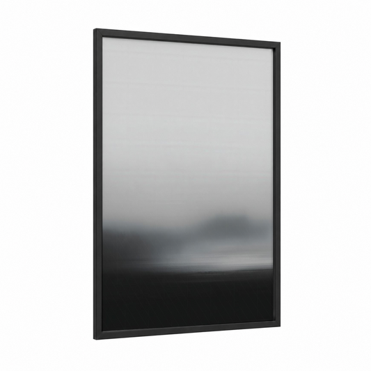 Misty Horizon framed abstract minimalist print — black wood frame — gray and black and white palette