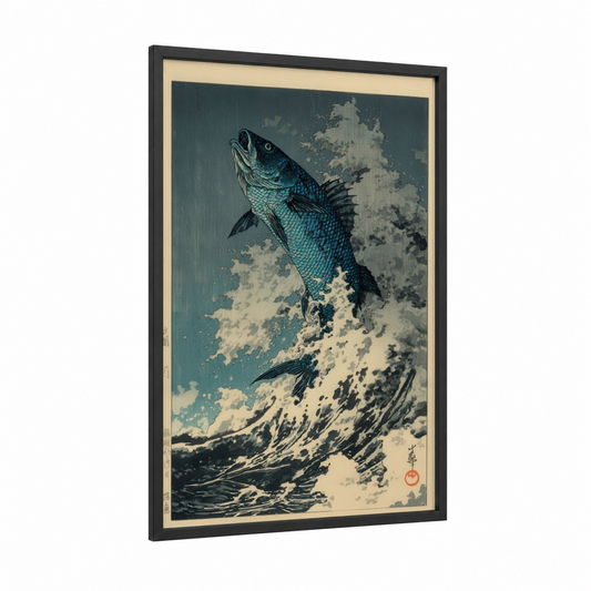 Leaping Dragon Fish framed art print — black wood frame — teal and cream palette