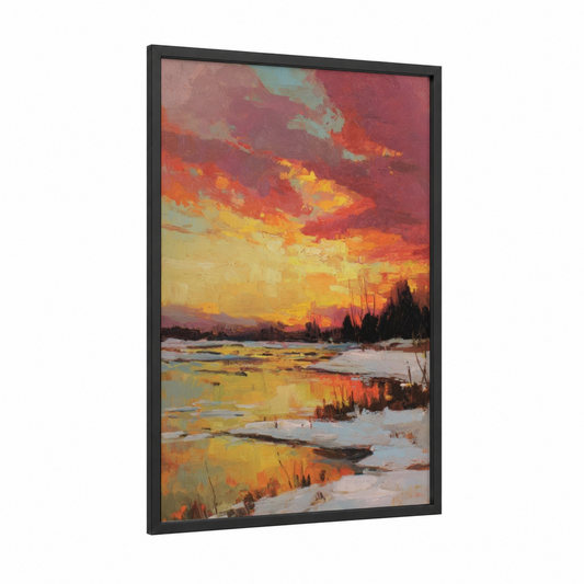 Crimson Winter Sunset framed art print — black wood frame — red and yellow gold palette