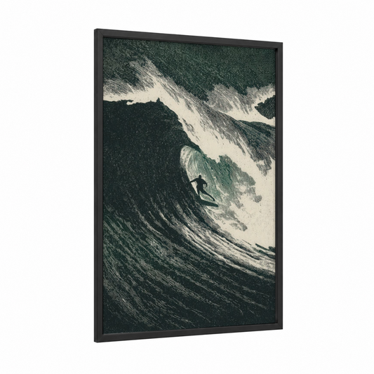 Wave Rider framed surfing print — black wood frame — dark green and black and white palette