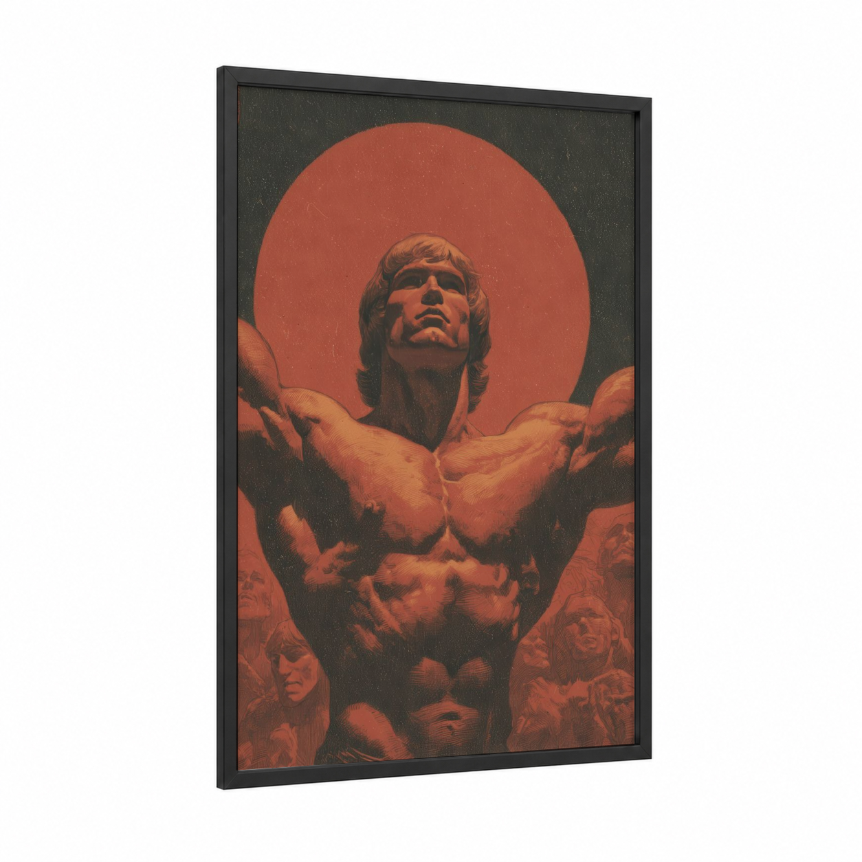 Muscular Champion framed bodybuilding print — black wood frame — russet and black palette