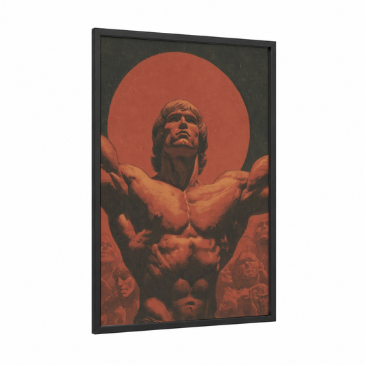 Muscular Champion framed bodybuilding print — black wood frame — russet and black palette