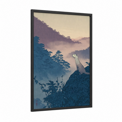 Mountain Weasel framed art print — black wood frame — blue and lavender palette