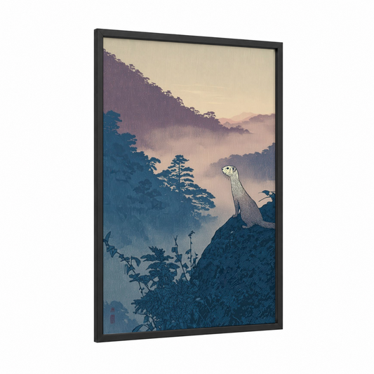 Mountain Weasel framed art print — black wood frame — blue and lavender palette