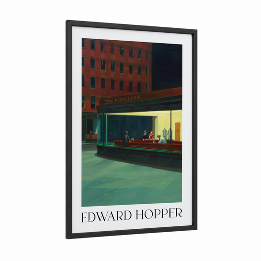 Nighttime Diner Scene framed store print — black wood frame — dark blue and gold palette