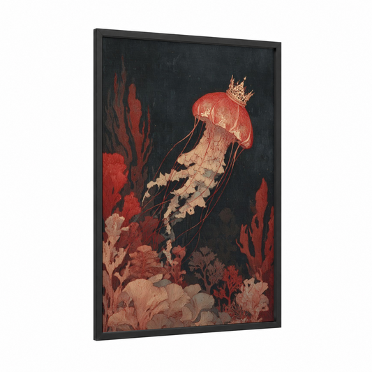 Crowned Jellyfish framed art print — black wood frame — red and cream palette