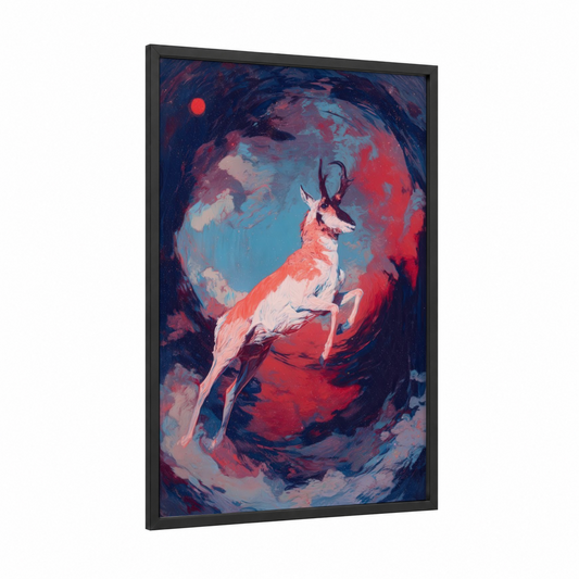Crimson Antelope framed art print — black wood frame — red and blue palette