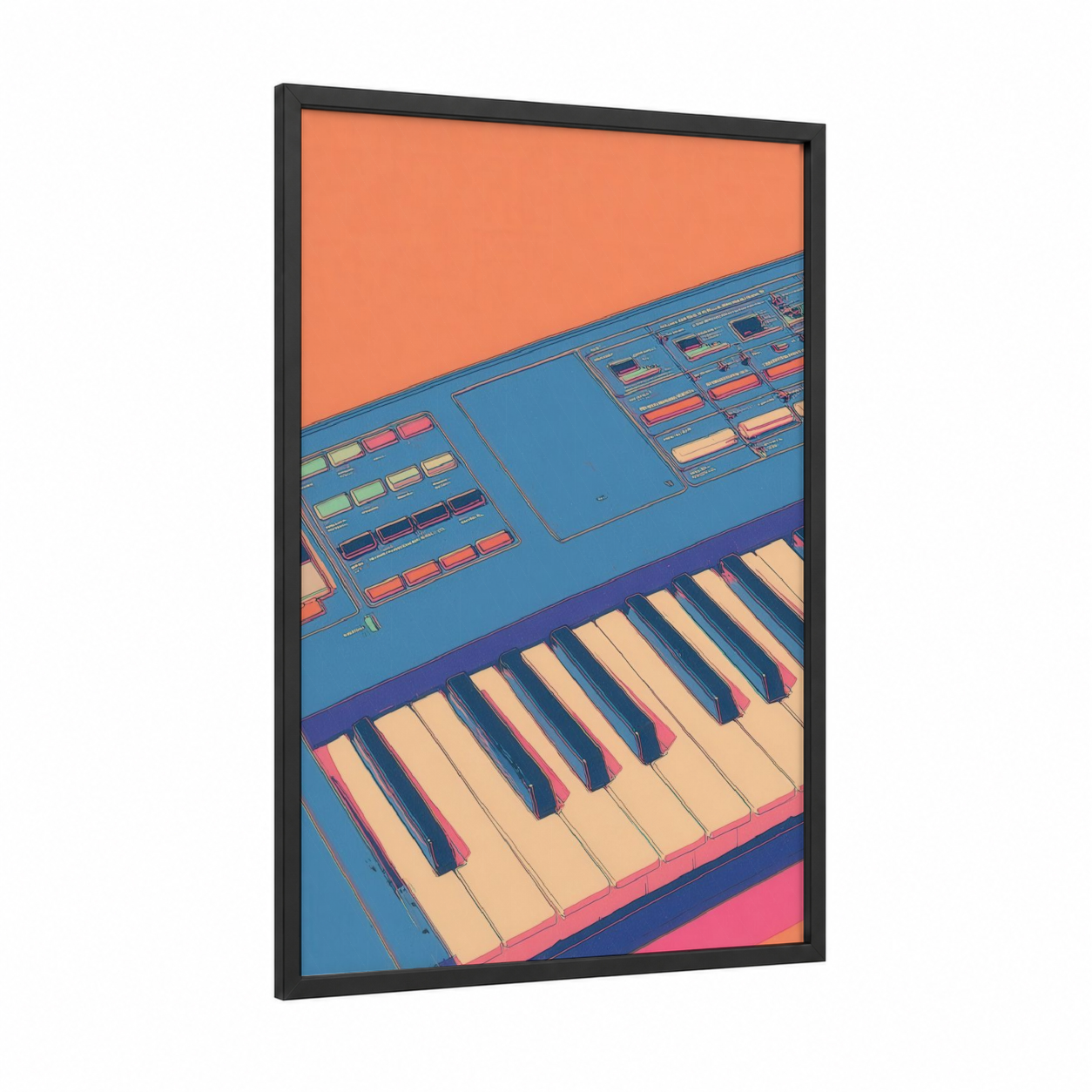 Neon Keyboard framed art print — black wood frame — blue and orange palette