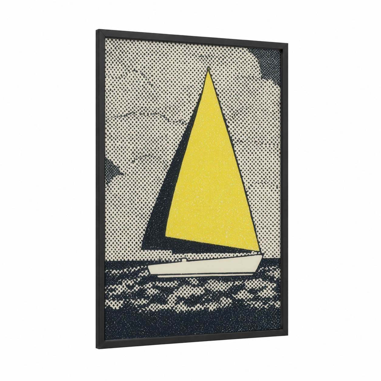 Yellow Sailboat framed sailing print — black wood frame — yellow and black and white palette