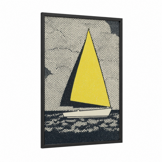 Yellow Sailboat framed sailing print — black wood frame — yellow and black and white palette