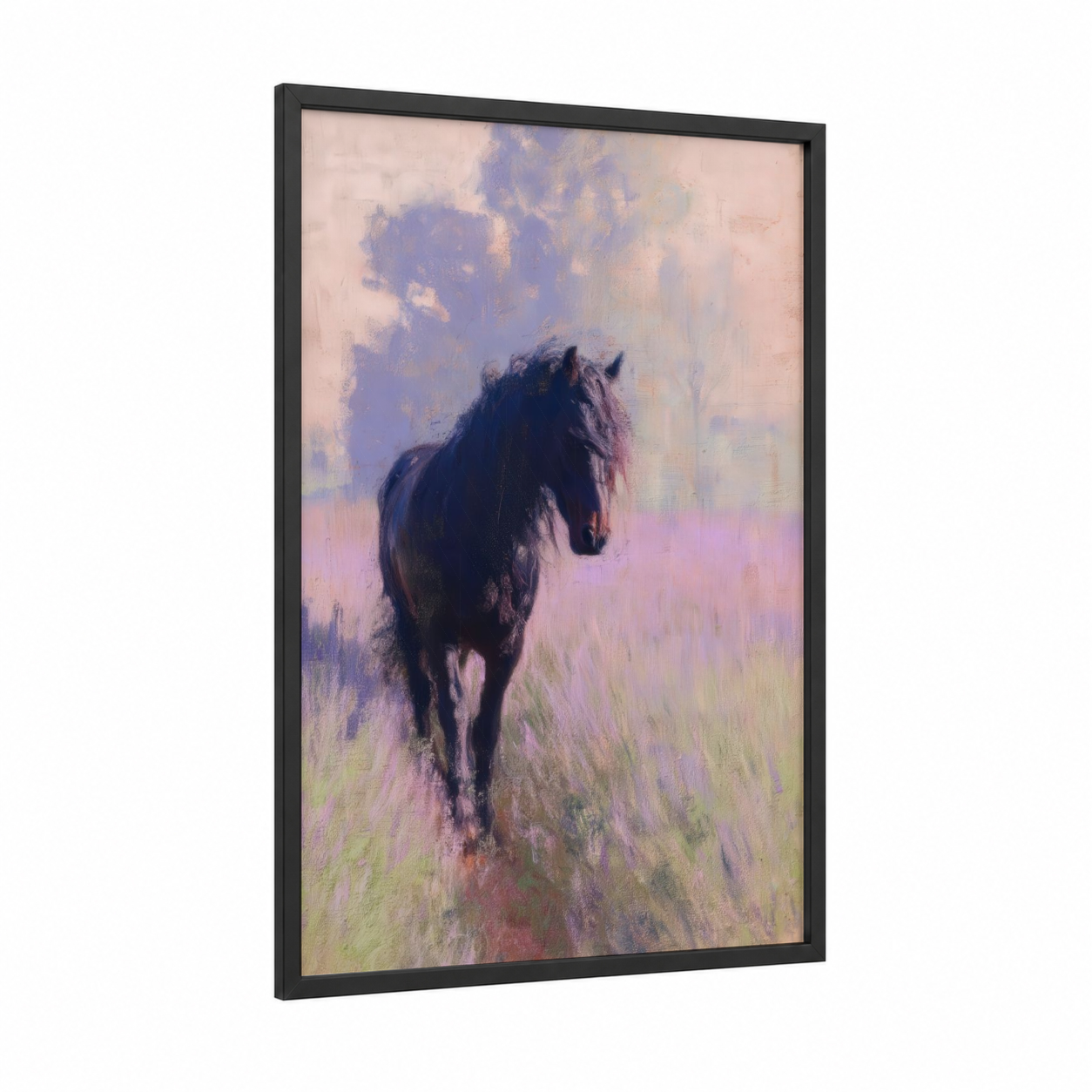 Misty Friesian framed friesian horse print — black wood frame — lavender and peach palette