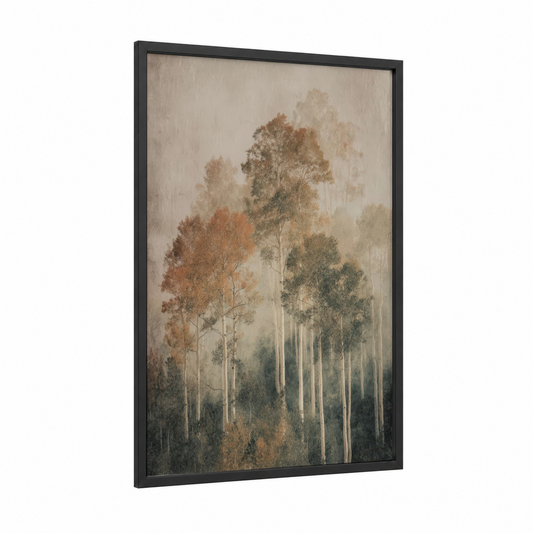 Misty Aspen Forest framed art print — black wood frame — beige and olive palette