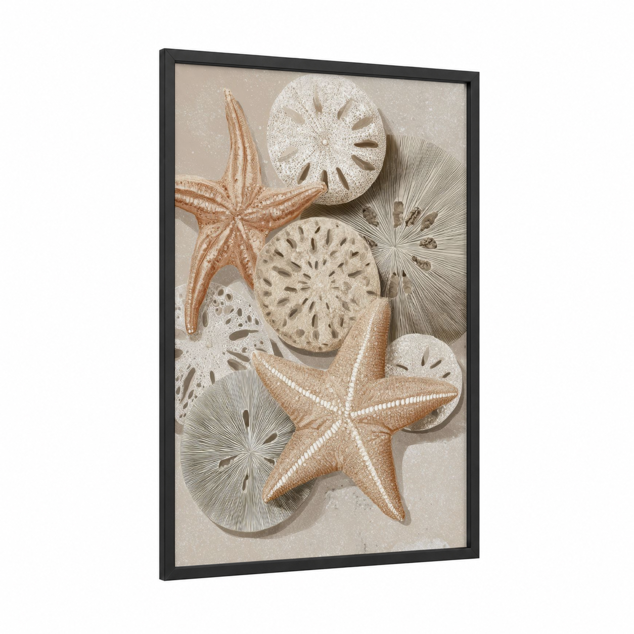 Coastal Starfish Collection framed art print — black wood frame — cream and peach palette