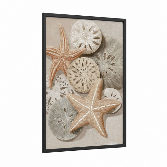 Coastal Starfish Collection framed art print — black wood frame — cream and peach palette