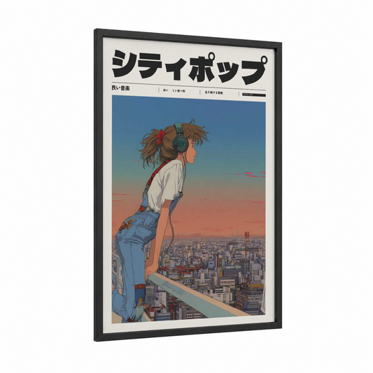 City Dreamer framed anime and manga print — black wood frame — blue and peach palette