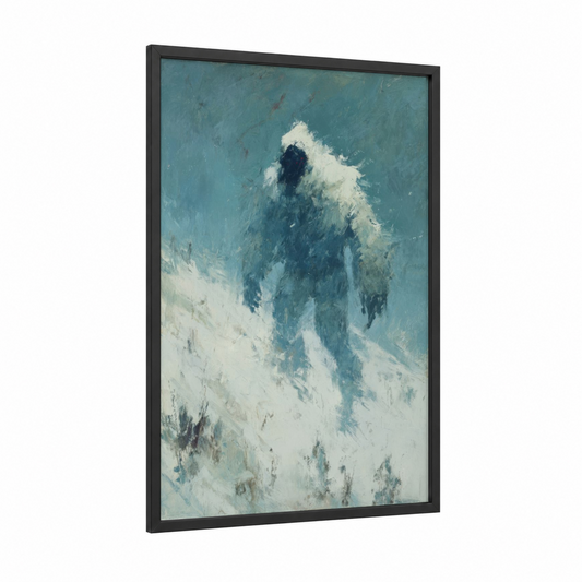 Snowy Yeti framed art print — black wood frame — blue and white and gray and white palette