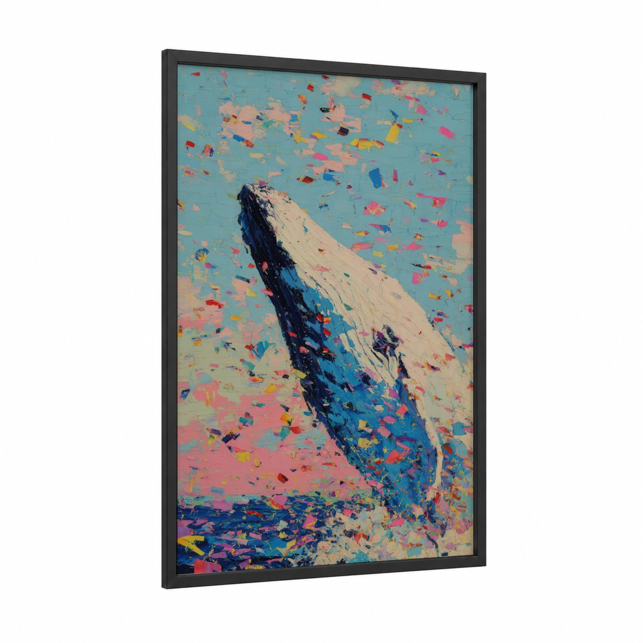 Colorful Whale framed blue whale print — black wood frame — blue and pink palette