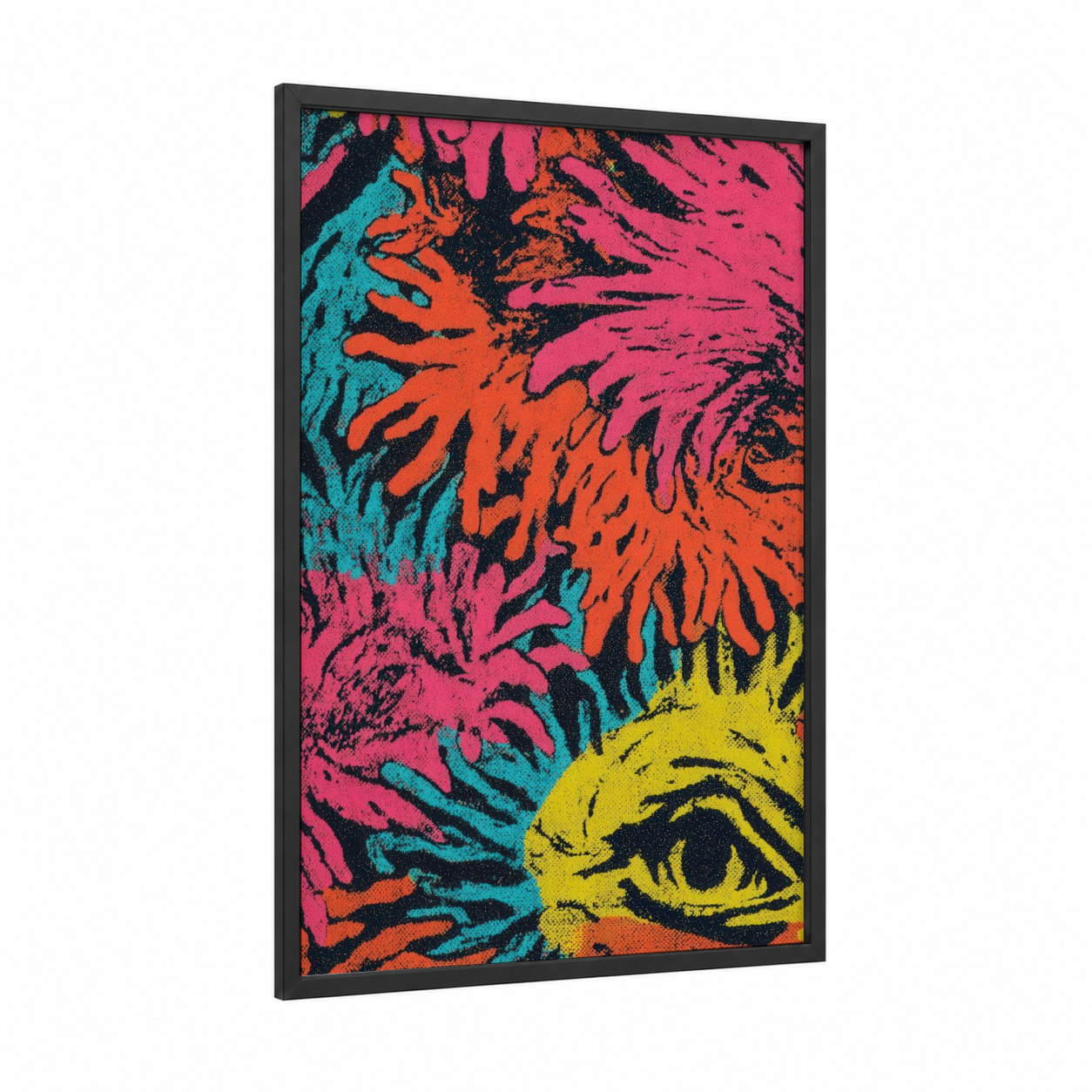 Neon Lionfish framed art print — black wood frame — magenta and orange palette