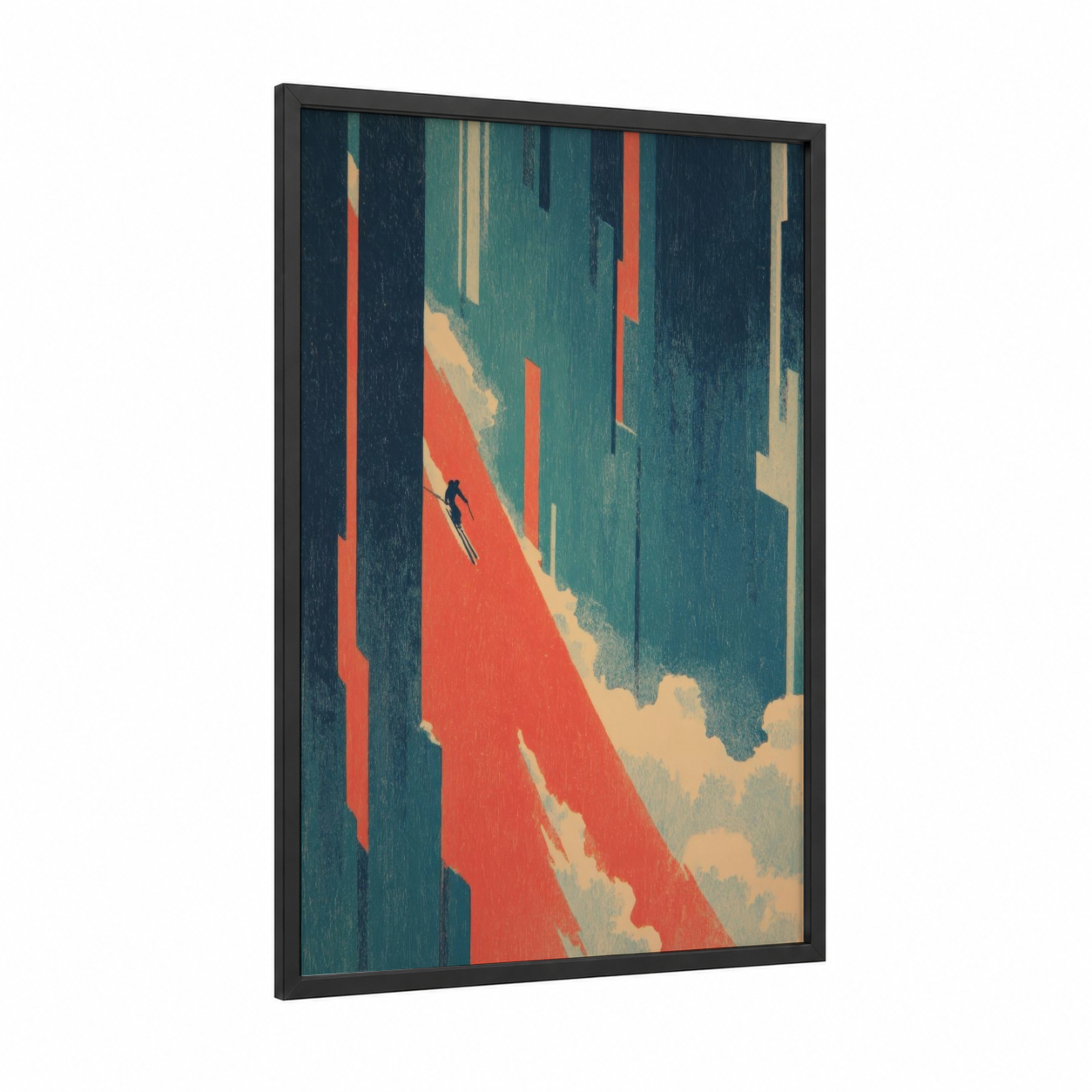 Descent Skier framed skiing print — black wood frame — teal and red palette