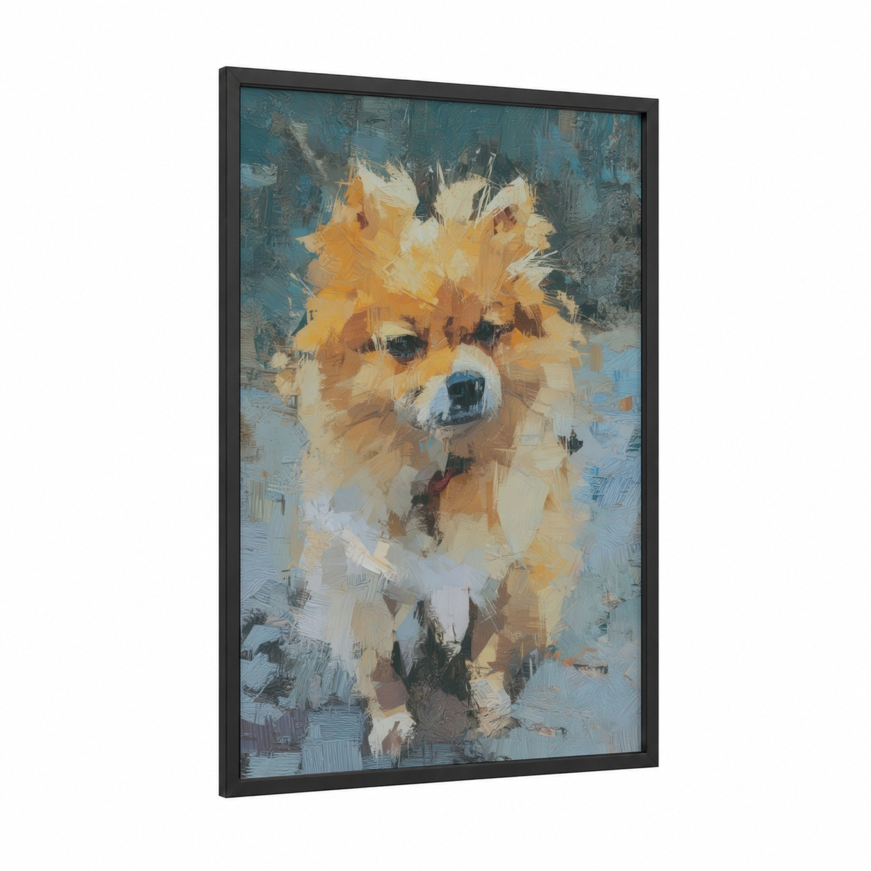 Golden Spitz Portrait framed art print — black wood frame — gold and teal palette