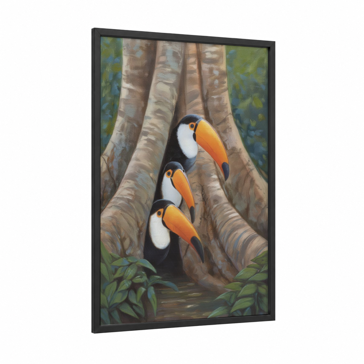 Toucan Trio framed art print — black wood frame — orange and green palette