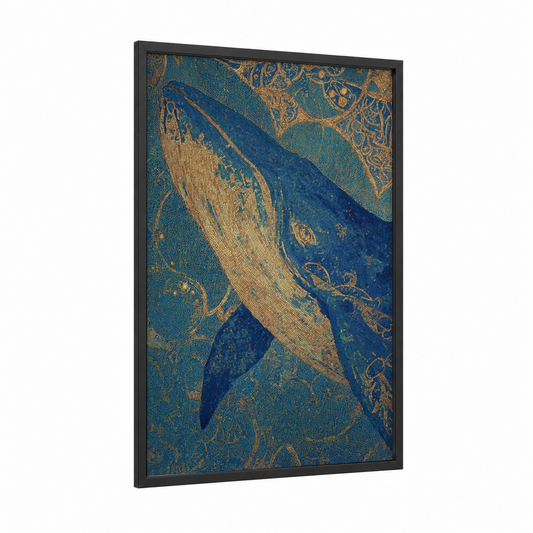 Golden Whale framed blue whale print — black wood frame — blue and gold and teal palette